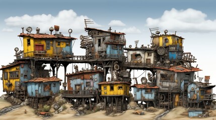 Cartoon abandoned buildings in a desert
