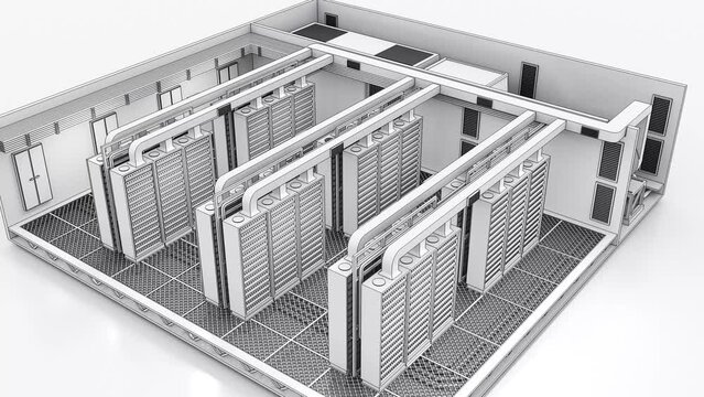 Isometric data center, mining farm, server room with server racks rotates. 3d animation isolated on white