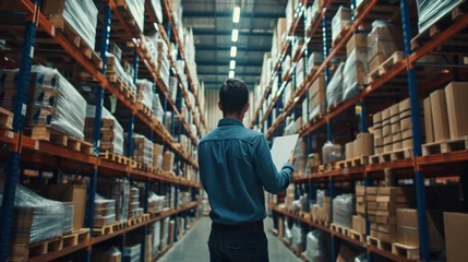 Foto op Plexiglas business owner using digital tablet check amount of stock product inventory on shelf at distribution warehouse factory.logistic business ship and delivery, inventory flow, professional. © pinkrabbit