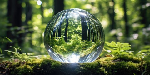 Fototapeta na wymiar A spherical object made of transparent glass, floating against a forest background,