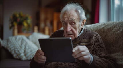 Senior man relaxing on a sofa, browsing on a tablet in a cozy living room with modern decor.