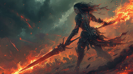 fierce female demon warrior in battle, wielding a flaming sword, amidst a chaotic battlefield Her dynamic pose and battle scars speak of her ferocity and strength