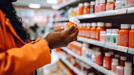 Zelfklevend Fotobehang Hand of costumer picking medicine of a shelf inside a orange pharmacy, people behind her shopping on the background, © Thuch