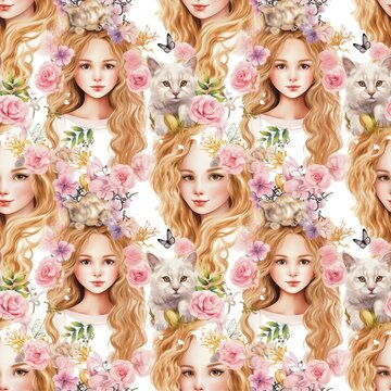 Girl, beautiful girl, blonde hair, cat, flowers, colored leaves, watercolor pattern, seamless fabric, art, culture, handicrafts, gift wrapping paper, wallpaper Beautiful love 