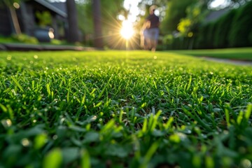 Green lawn near the house in the sunlight, beautiful summer background - obrazy, fototapety, plakaty