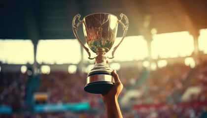 The golden cup is in the hands of the winners in the sports game