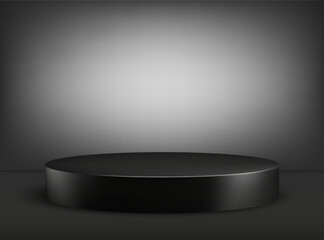 Black empty round pedestal. Black round podium, advertising display of items on a dark background.