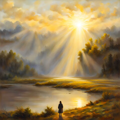 AI-generated illustration of a person standing and looking at a wonderful sunlit landscape
