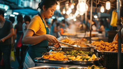 Street food vendor in a bustling night market serving traditional fried dishes.