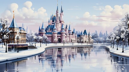 Beautiful castle on the background of the river in winter