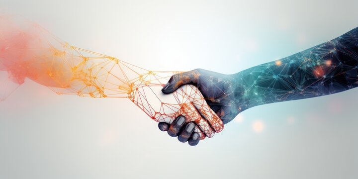 Human and robot shaking hands. Close up on the hands. Light Background with an abstract pattern made with generative artificial intelligence