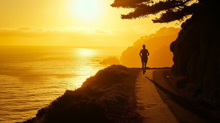 Silhouette of a jogger running along a coastal path with the sunrise over the ocean.