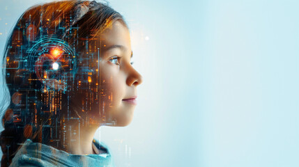 Kind Portrait mit 3d Linien am Ohr und Kopf als virtuelle Kopfhörer für Medizin und Ärzte zum Thema Gehörschutz Generative AI