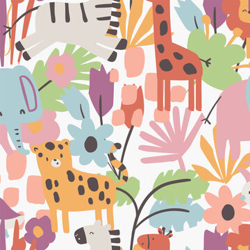 Cute colorful safari animals zebra bird leopard giraffe Leon elephant print pattern graphic tee design for kids market as vector