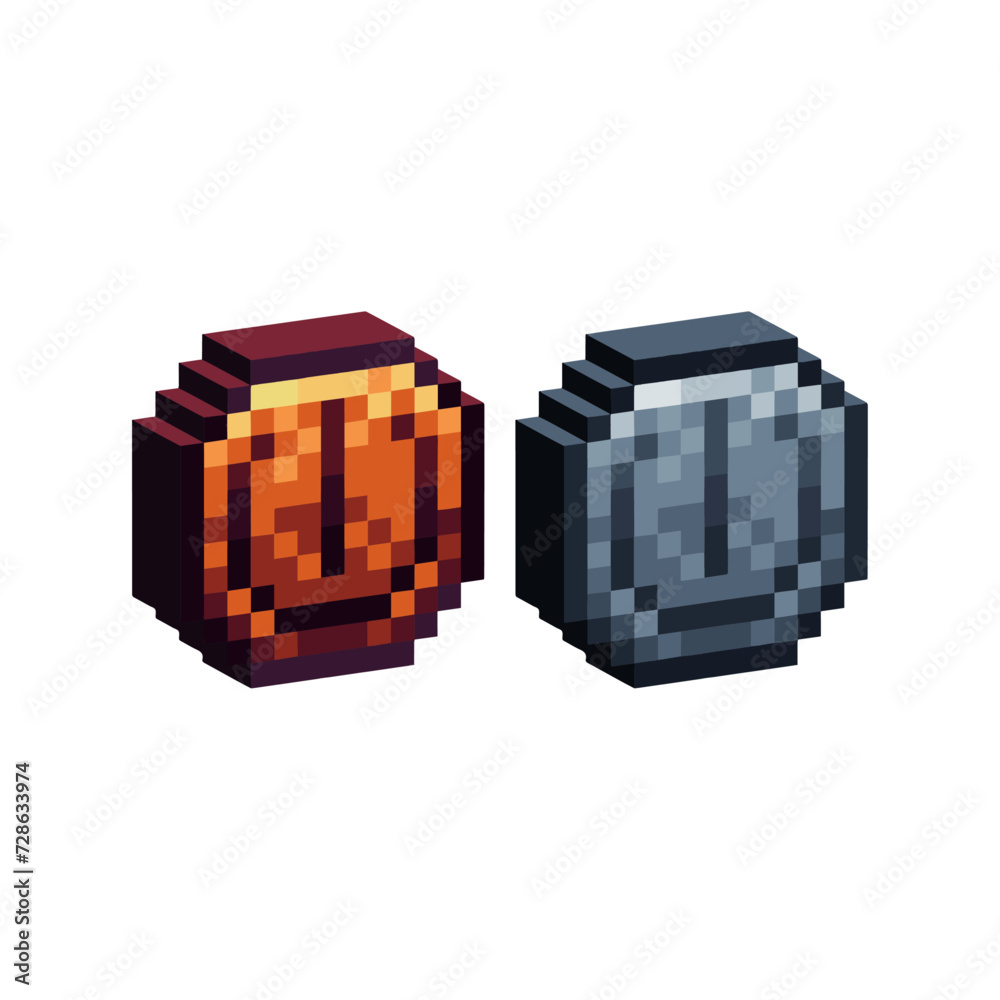 Poster isometric pixel art 3d of technology turn on off icon for items asset. turn on and off icon on pixel