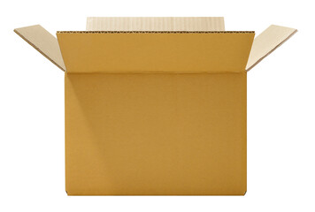 Corrugated cardboard box, front view, on transparent background