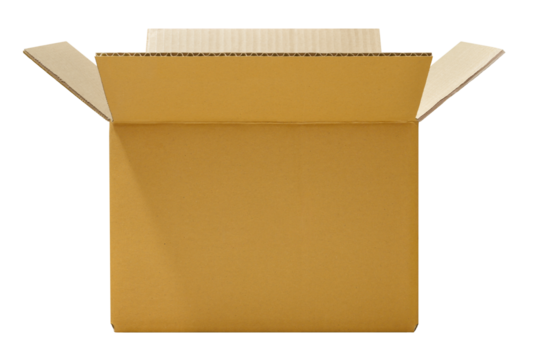 Corrugated cardboard box, front view, on transparent background