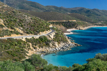 Panoramic road along the coast in Villasimius. Road 17 between Cagliari and Villasimius, Sardinia,...