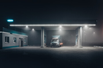 Gas station at foggy night