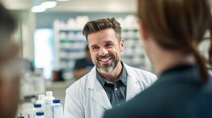 Obraz premium Medium shot, A portrait photo of Sam, a 41 year old Caucasian man smiling warmly, wearing a white pharmacist's coat,