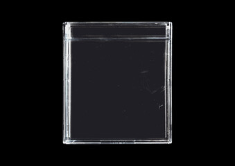 Old cartridge tape case on black background. Isolated game transparent mockup. Clean cover box...