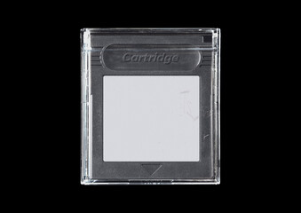 Old cartridge tape case on black background. Isolated game transparent mockup. Clean cover box...