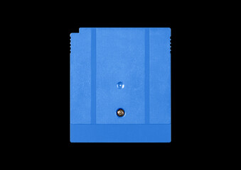 Old cartridge tape case on black background. Isolated game transparent mockup. Clean cover box template.