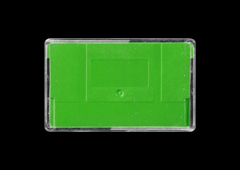 Old cartridge tape case on black background. Isolated game transparent mockup. Clean cover box template.
