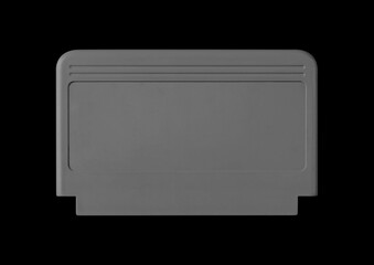 Old cartridge tape case on black background. Isolated game transparent mockup. Clean cover box template.