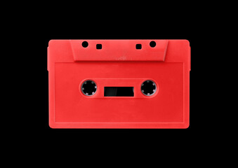 Old cassette tape case on black background. Isolated music transparent mockup. Clean cover box...
