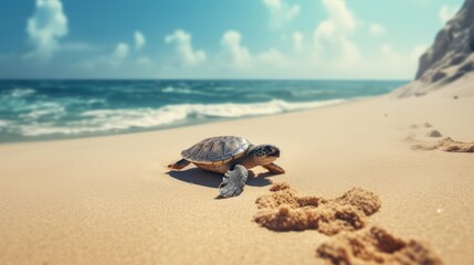 Obraz premium On the sandy beach, a loggerhead sea turtle is crawling towards the sparkling ocean, 