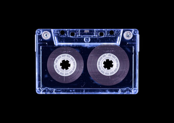 Old cassette tape case on black background. Isolated music transparent mockup. Clean cover box template.