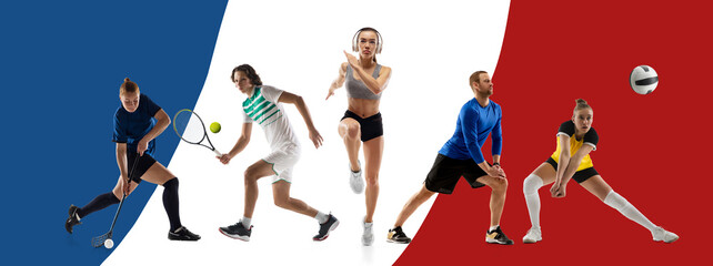 Athletes of different kind of sports in motion during game representing team of France. Concept of sport, competition, championship and tournament. Poster for sport event