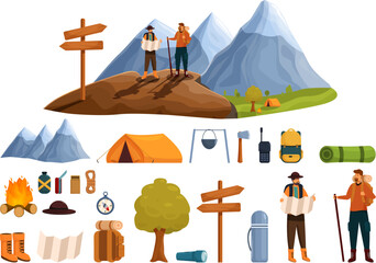Man trekking travel icons set cartoon vector. Tourist map. Active nature hiker - obrazy, fototapety, plakaty