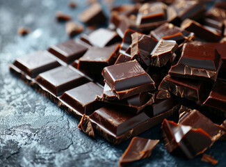 Pieces of dark chocolate on table closeup Food background