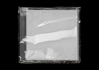 CD disk video case on black background. Isolated music transparent mockup. Clean cover box template.