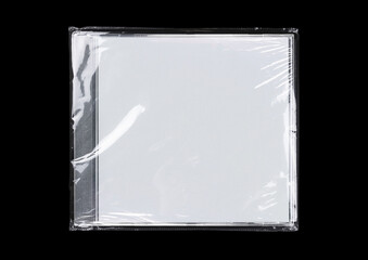 CD disk video case on black background. Isolated music transparent mockup. Clean cover box template.