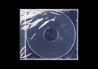 CD disk video case on black background. Isolated music transparent mockup. Clean cover box template.