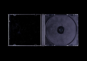 CD disk video case on black background. Isolated music transparent mockup. Clean cover box template.