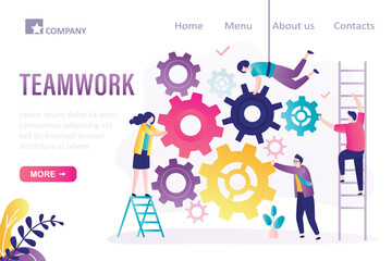 Business teamwork, landing page template. Employees holds and connect various gears. Development of new project, collaboration