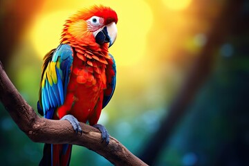 beautiful colorful parrot sit on branch