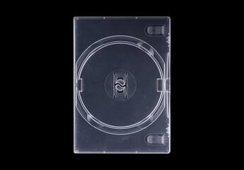 DVD disk video case on black background. Isolated game transparent mockup. Clean cover box template.