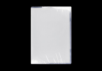 DVD disk video case on black background. Isolated game transparent mockup. Clean cover box template.