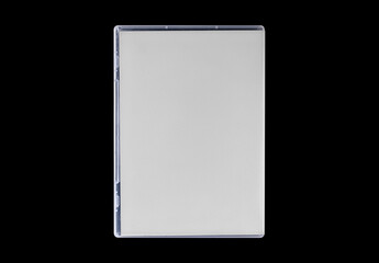 DVD disk video case on black background. Isolated game transparent mockup. Clean cover box template.