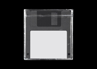 Floppy disk or diskette case on black background. Isolated transparent mockup. Clean cover box template.