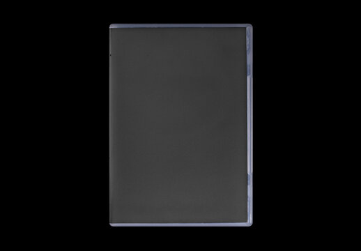 DVD disk video case on black background. Isolated game transparent mockup. Clean cover box template.