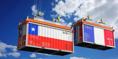 Shipping containers with flags of Chile and France - 3D illustration