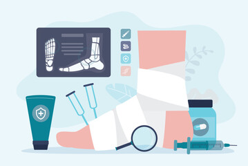 Trauma, broken giant leg at traumatologist appointment. Researching skeleton and bones. Medical items for diagnosis and treatment