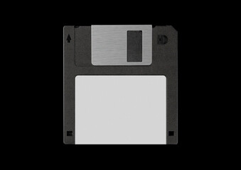 Floppy disk or diskette case on black background. Isolated transparent mockup. Clean cover box...