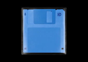Floppy disk or diskette case on black background. Isolated transparent mockup. Clean cover box template.
